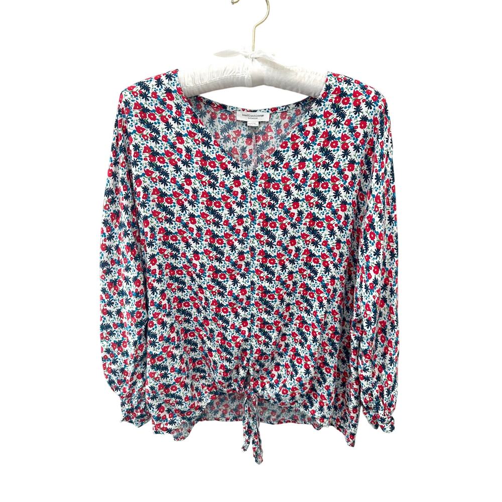 BEACH LUNCH LOUNGE | Floral Tie-Hem Blouse Blue Red White | Medium